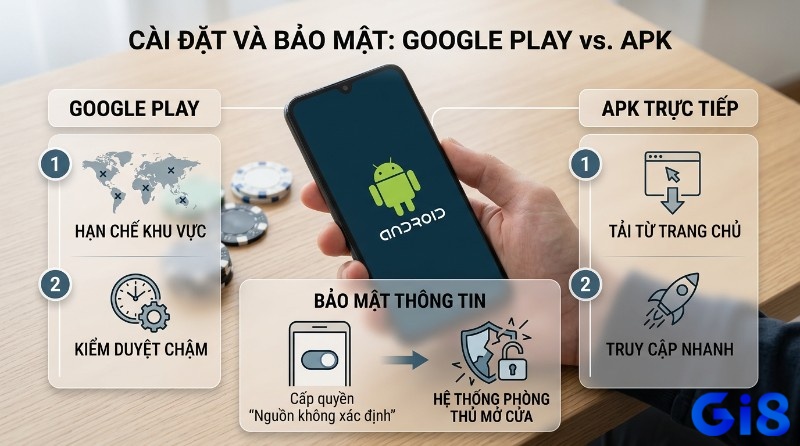 Cài đặt và bảo mật ứng dụng slot game trên điện thoại android: Google Play hạn chế khu vực, kiểm duyệt chậm; APK trực tiếp tải nhanh nhưng cấp quyền nguồn không xác định mở cửa phòng thủ