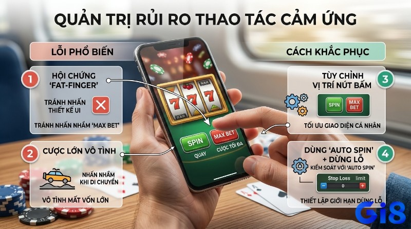 Quản trị rủi ro thao tác cảm ứng trên di động, khắc phục lỗi "Fat-finger" nhấn nhầm nút "Max Bet" khi chơi game bằng cách tùy chỉnh vị trí nút và dùng "Auto Spin" có "Stop Loss"