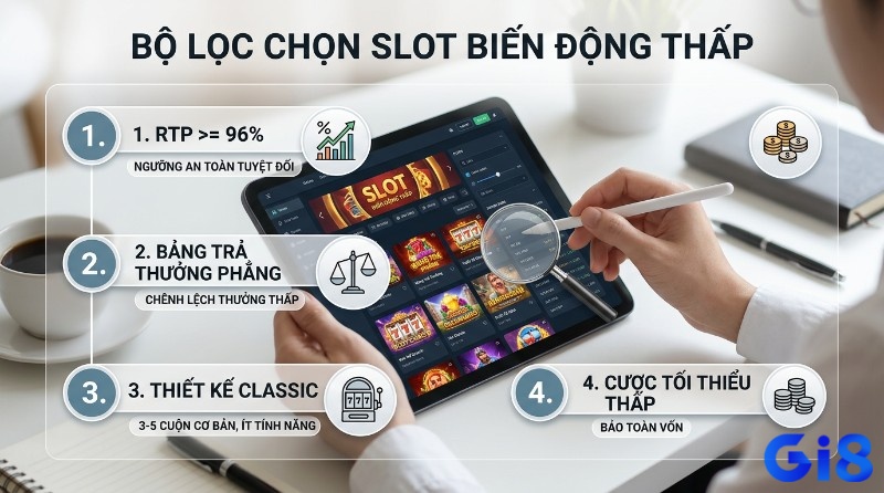 Bộ lọc chọn slot game volatility thấp dễ thắng biến động thấp với 4 tiêu chí: RTP >= 96%, bảng trả thưởng phẳng, thiết kế Classic 3-5 cuộn, cược tối thiểu thấp