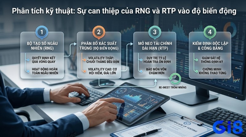 Phân tích kỹ thuật RNG và RTP định hình độ biến động slot game volatility thấp dễ thắng: RNG ngẫu nhiên, phân bổ xác suất trúng, RTP ổn định, kiểm định độc lập
