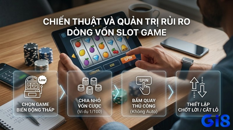 Chiến thuật quản trị rủi ro dòng vốn slot game volatility thấp dễ thắng: chọn game biến động thấp, chia nhỏ vốn cược 1/100, bấm quay thủ công, thiết lập chốt lời/cắt lỗ