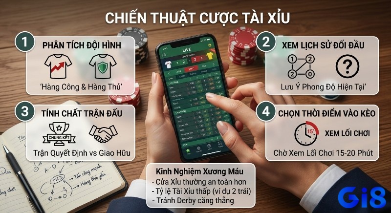 Chiến lược cược Tài Xỉu gồm 4 bước từ phân tích đội hình, lịch sử đối đầu đến thời điểm vào kèo, cùng kinh nghiệm thực chiến tránh trận derby
