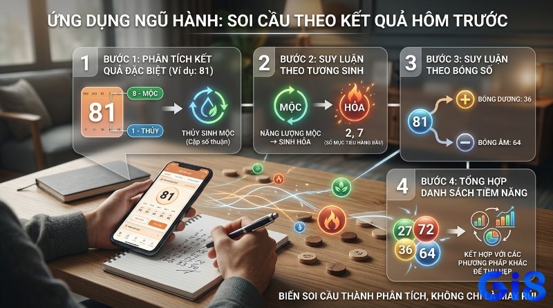 Ứng dụng ngũ hành soi cầu theo kết quả hôm trước, phân tích số 81 (8-Mộc, 1-Thủy) suy luận ra các cặp số tiềm năng 27, 72, 36, 64