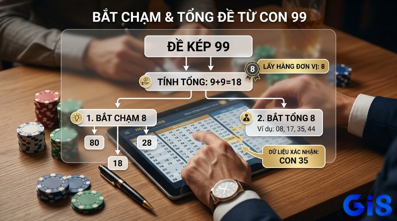 Đề về 99 hôm sau đánh lô gì? Soi cầu đề kép 99, tổng 99 là 18, lấy đơn vị 8. Áp dụng bắt chạm 8 (ví dụ 80) và bắt tổng 8 (ví dụ 35), xác nhận con 35