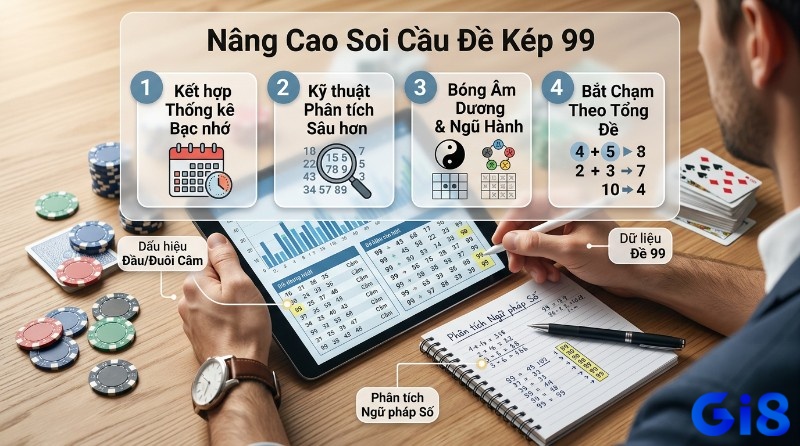 Đề về 99 hôm sau đánh lô gì? Các phương pháp soi cầu nâng cao đề kép 99: phân tích dữ liệu, thống kê bạc nhớ, bóng âm dương, ngũ hành, bắt chạm tổng đề