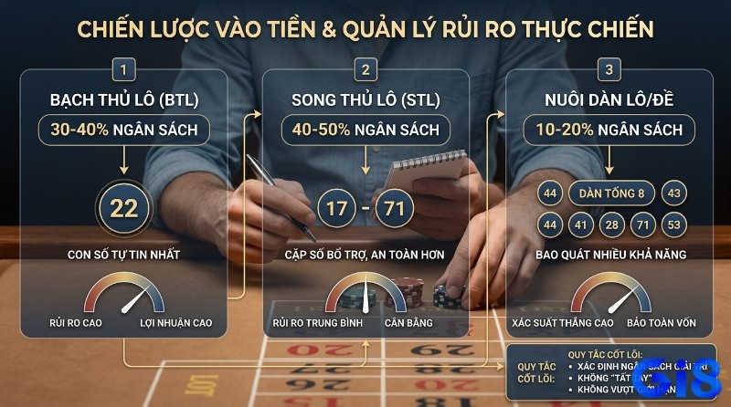 Chiến lược vào tiền, quản lý rủi ro: phân bổ vốn bạch thủ lô (22) 30-40%, song thủ lô (17-71) 40-50%, nuôi dàn 10-20%. Không tất tay