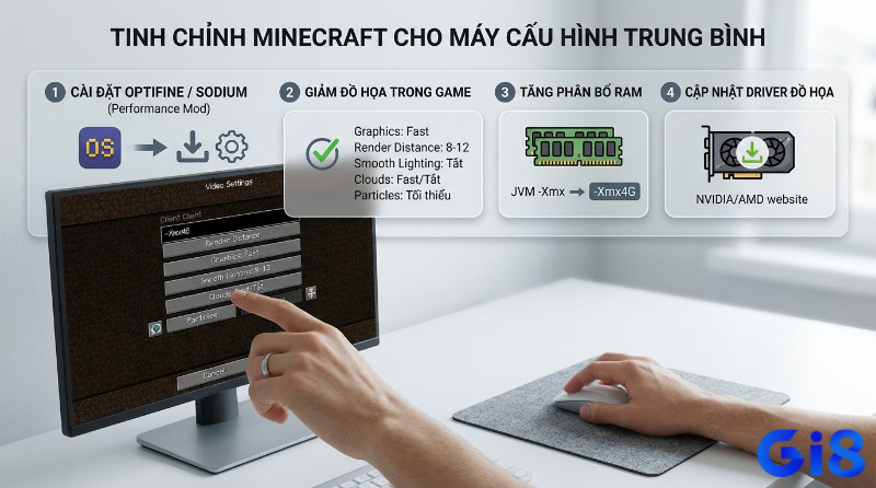 Tinh chỉnh tải game minecraft pc cho máy cấu hình trung bình với 4 bước: cài OptiFine/Sodium, giảm đồ họa (Fast, 8-12 chunks), tăng RAM lên 4GB, cập nhật driver NVIDIA/AMD