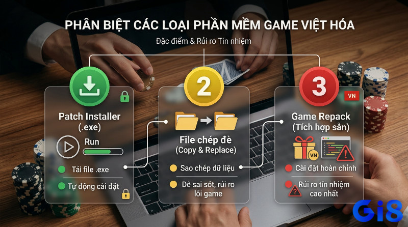 Phân biệt game Việt hóa: Patch Installer (.exe) tự động, File chép đè dễ sai sót, Game Repack tích hợp sẵn rủi ro tín nhiệm cao