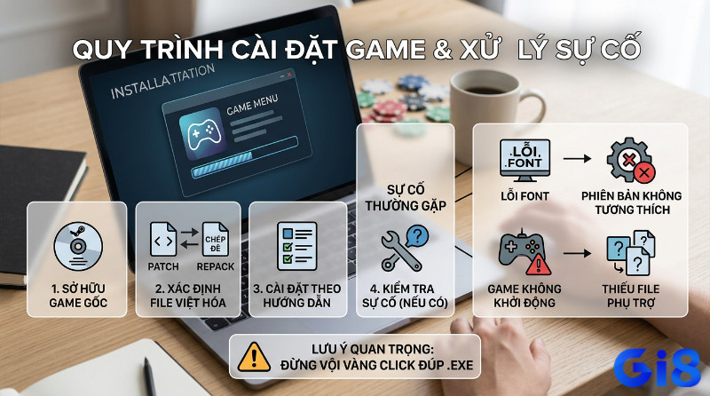 Quy trình tải game việt hóa cho pc, sở hữu game gốc, file Việt hóa, cài đặt đúng. Xử lý lỗi font, game không khởi động do không tương thích, thiếu file