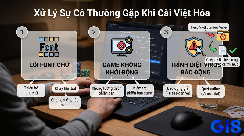 Xử lý sự cố tải game việt hóa cho pc: lỗi font chữ (cài .bat), game không khởi động (kiểm tra phiên bản), trình diệt virus báo động (quét VirusTotal, chép file)